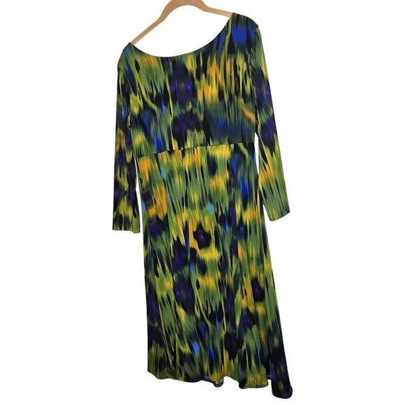 London Times Womens Abstract Multicolor Peacock Cowl Neck Dress 3/4 Sleeve 6 - Picture 2 of 8